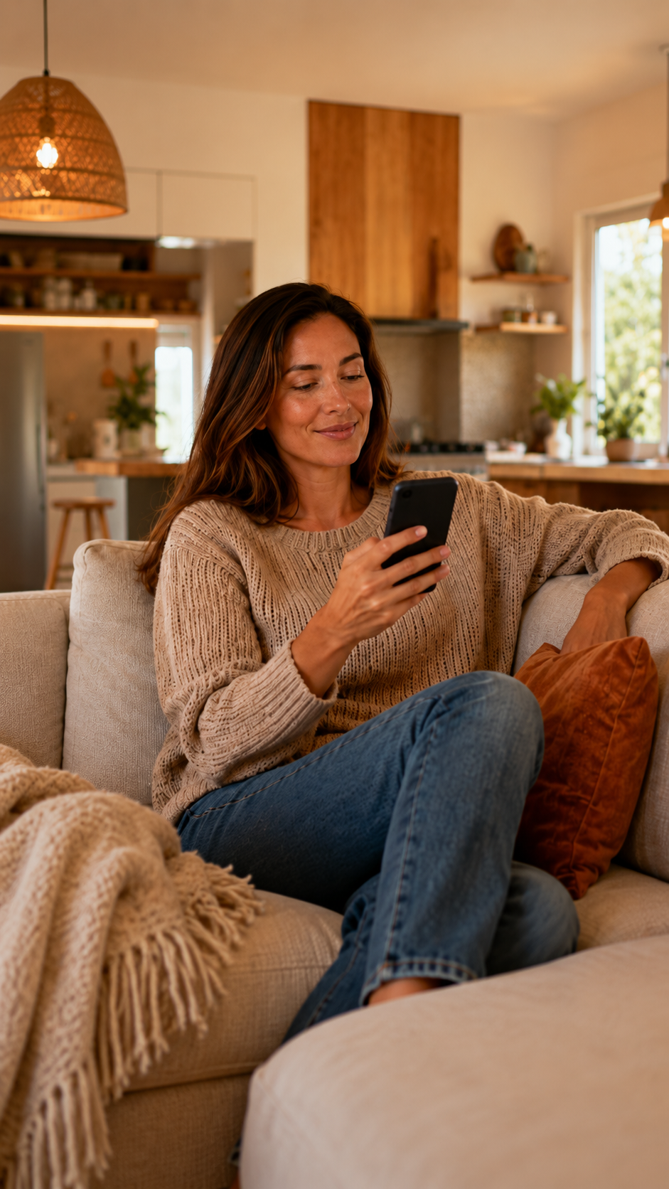 Pantrifuge app user relaxed on a sofa in a warm sunlit kitchen, phone in hand tracking pantry items